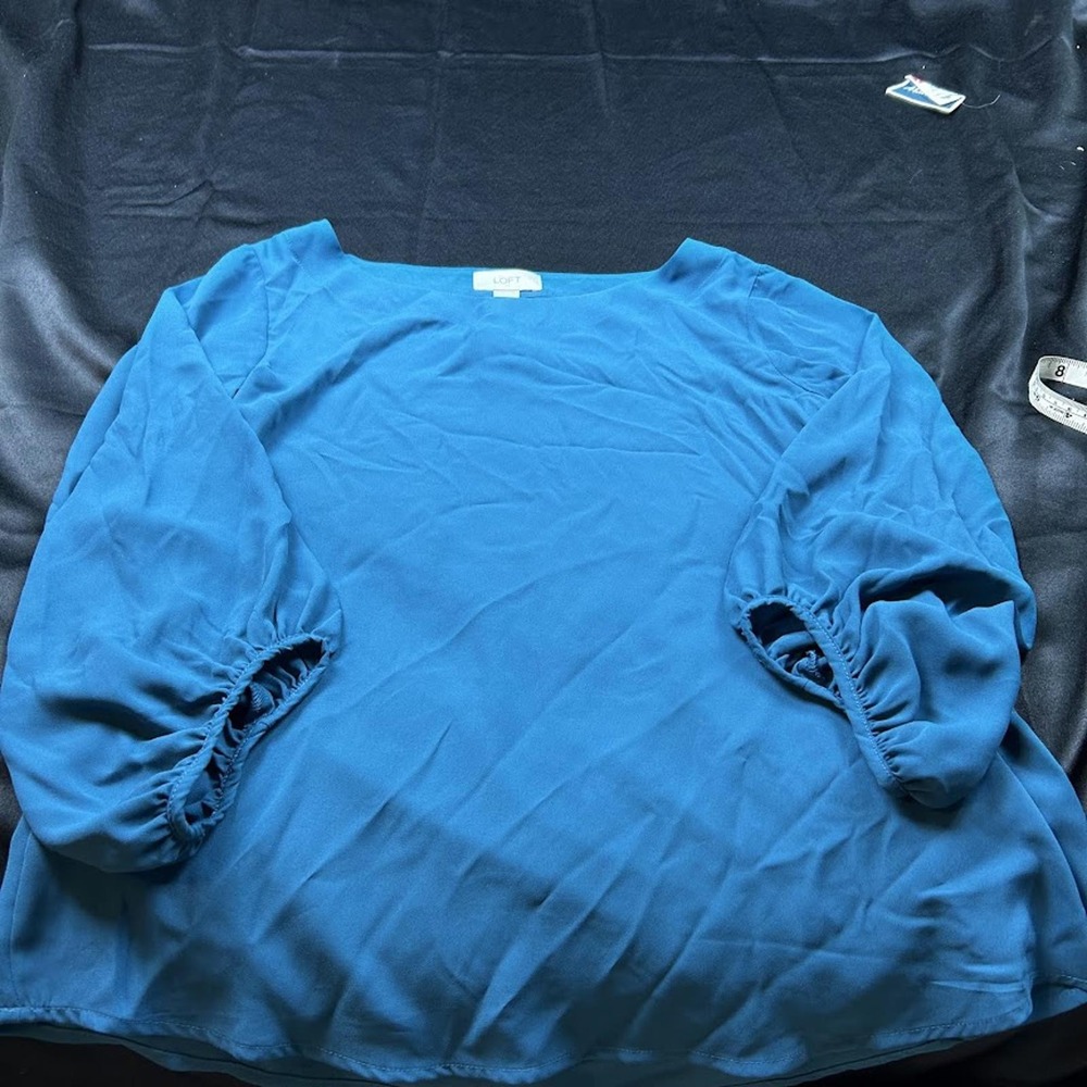 LOFT Teal Blue Boat Neck Balloon Sleeve Blouse Top Size Small
